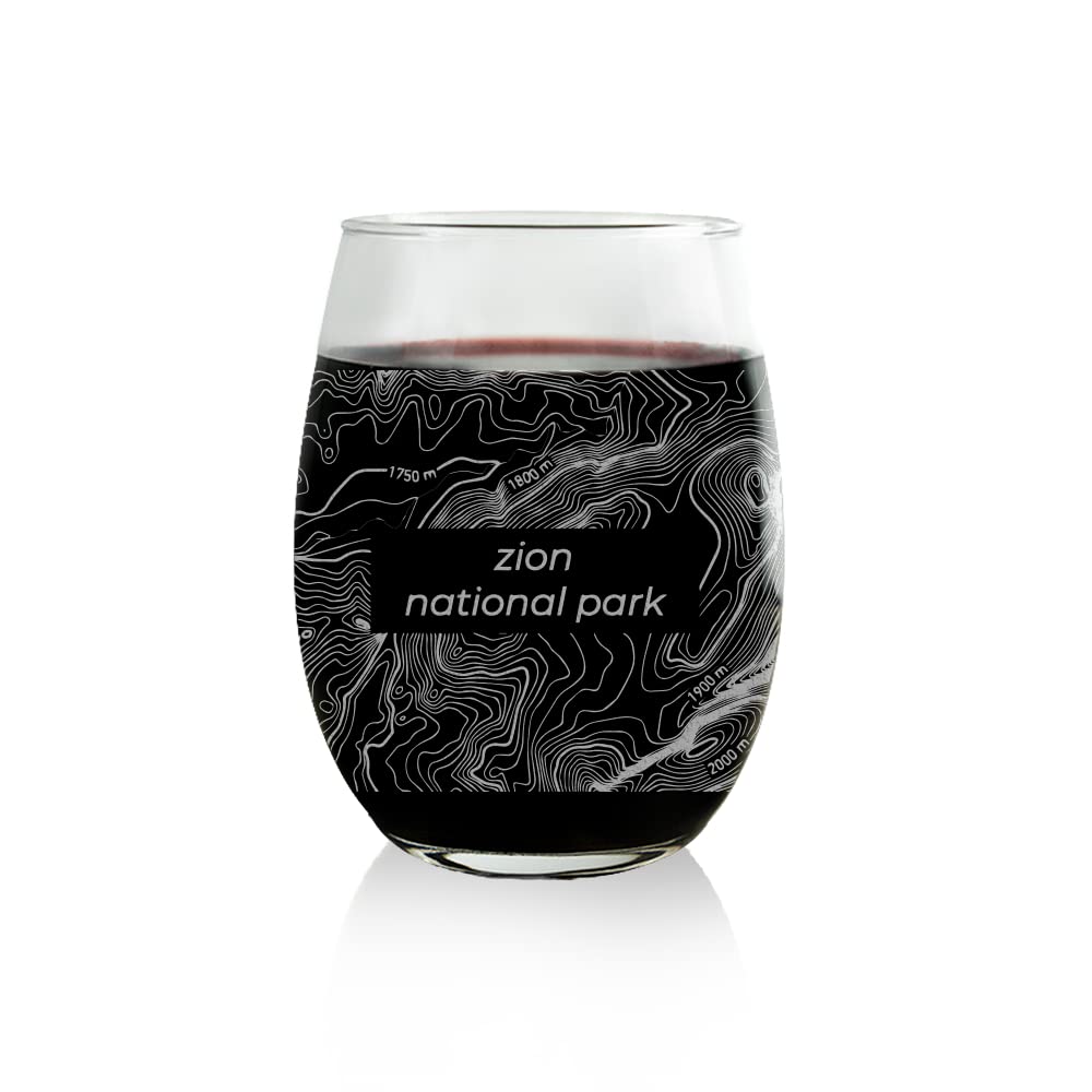 American Sign Letters Zion National Park Map Stemless Wine Glass - Zion National Park Map Glass, Utah Gift, Utah Glass