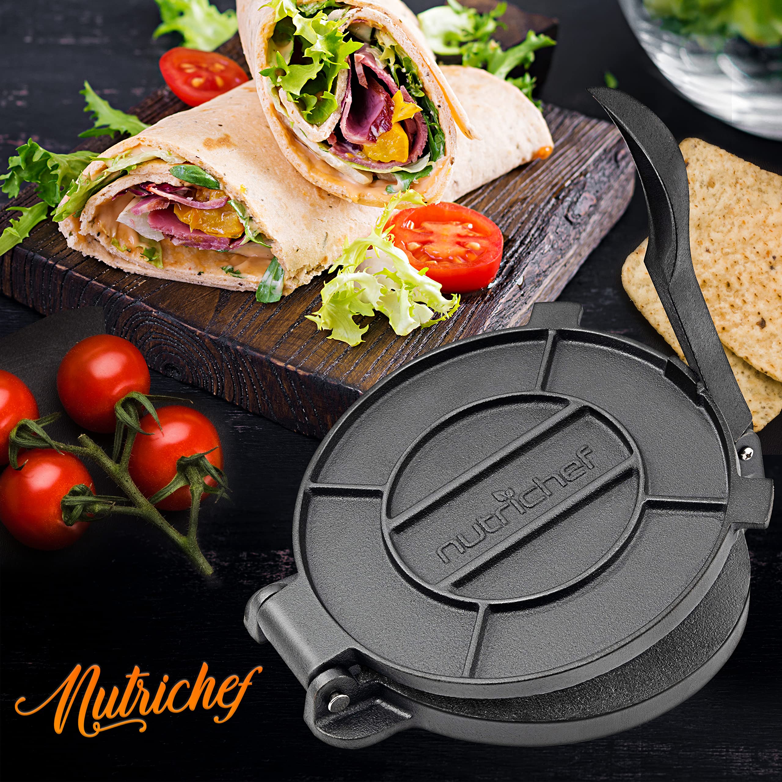 NutriChef 8'' Cast Iron Tortilla Press - Durable, Heavy-Duty Construction, Ideal for Tortillas, Patacones, Tostones, Plantain Press