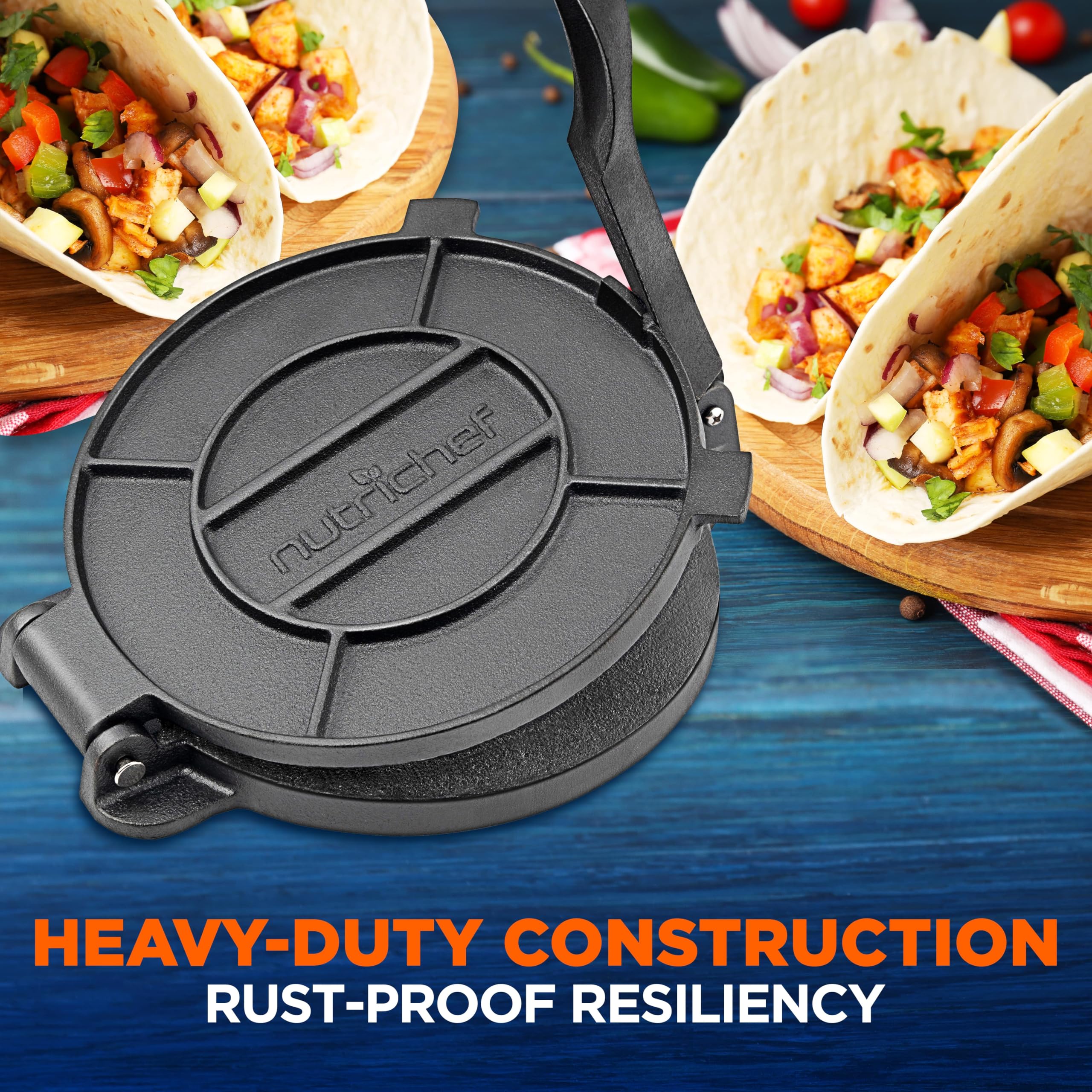 NutriChef 8'' Cast Iron Tortilla Press - Durable, Heavy-Duty Construction, Ideal for Tortillas, Patacones, Tostones, Plantain Press