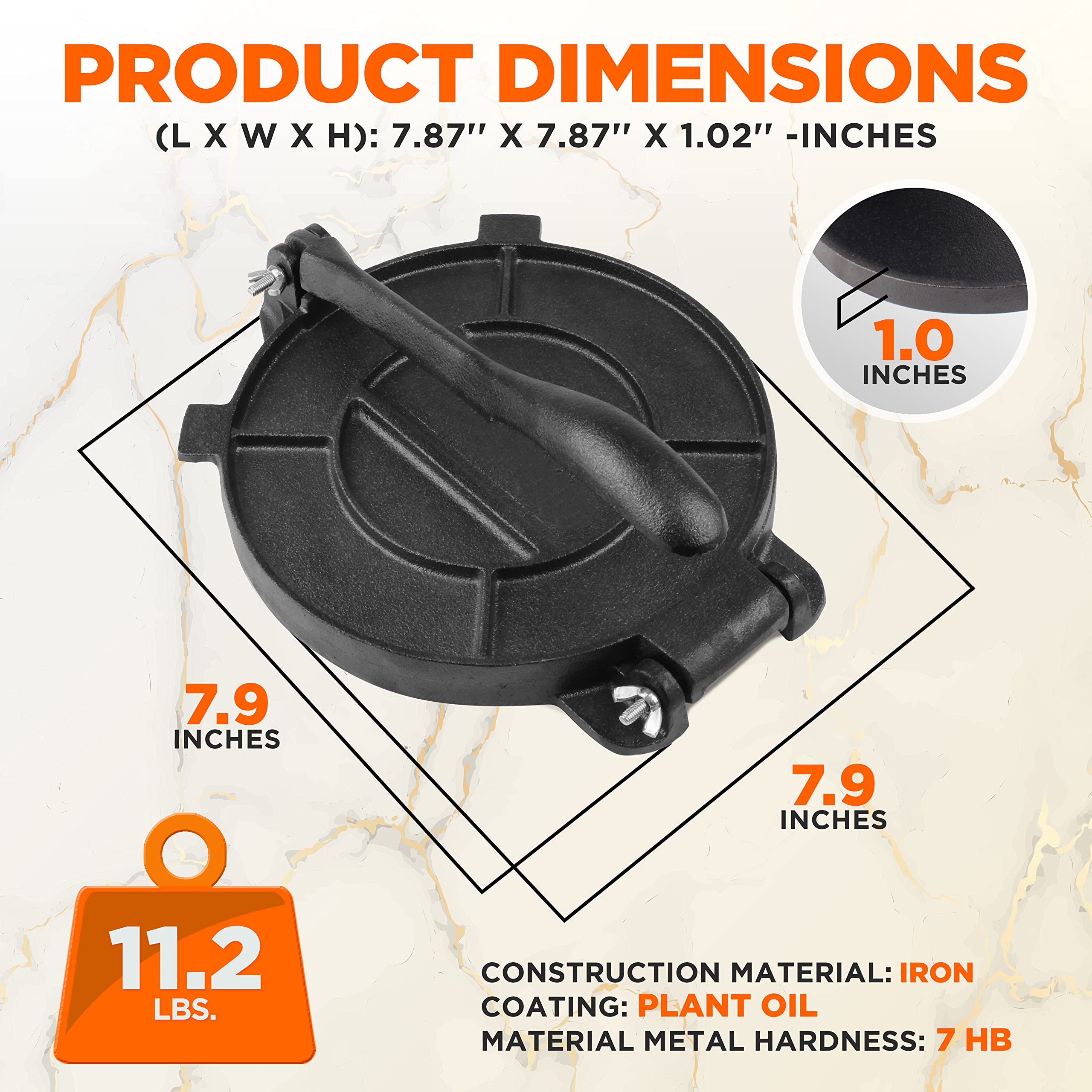 NutriChef 8'' Cast Iron Tortilla Press - Durable, Heavy-Duty Construction, Ideal for Tortillas, Patacones, Tostones, Plantain Press