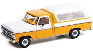 greenlight collectible 1976 ranger pickup truck with deluxe box cover chrome yellow and wimbledon white 1/18 diecast model car by greenlight 13621