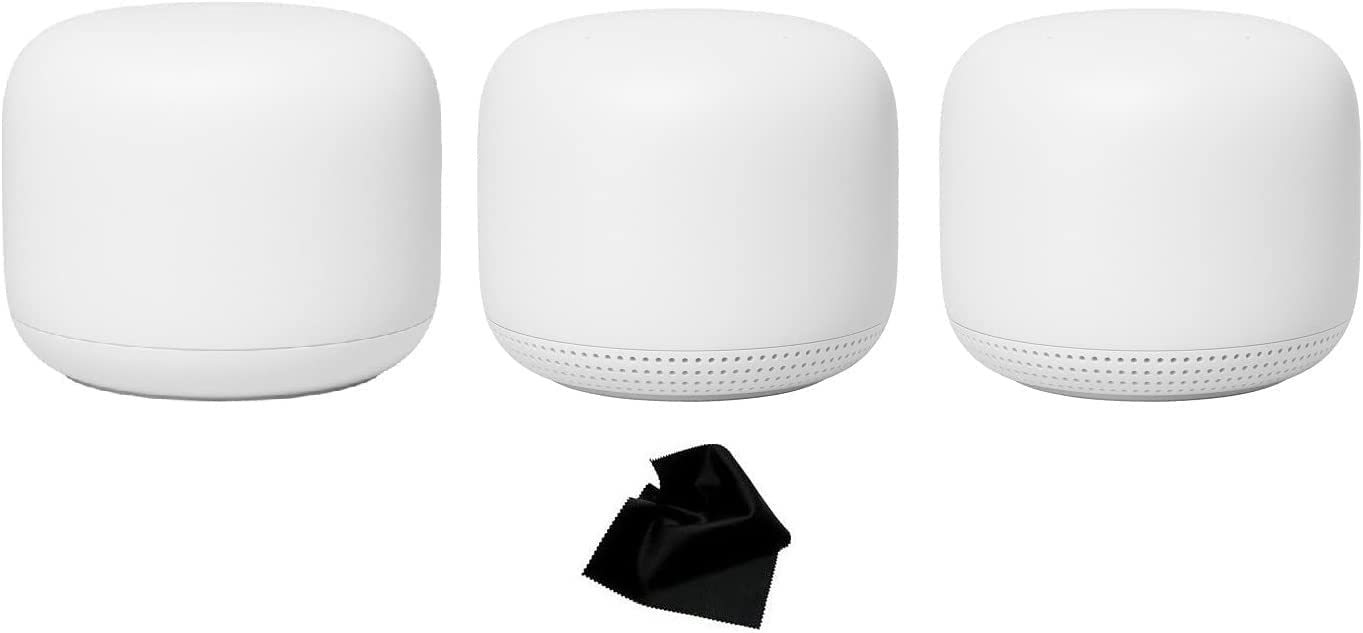 Google Nest WiFi - Mesh Router (AC2200) and 2 Nest Dual-Band Wi-Fi Access Points with Google Assistant | Whole Home Coverage | 2.4GHz | 5GHz | Wi-Fi Protected Access | Kwalicable Cleaning Cloth (3)