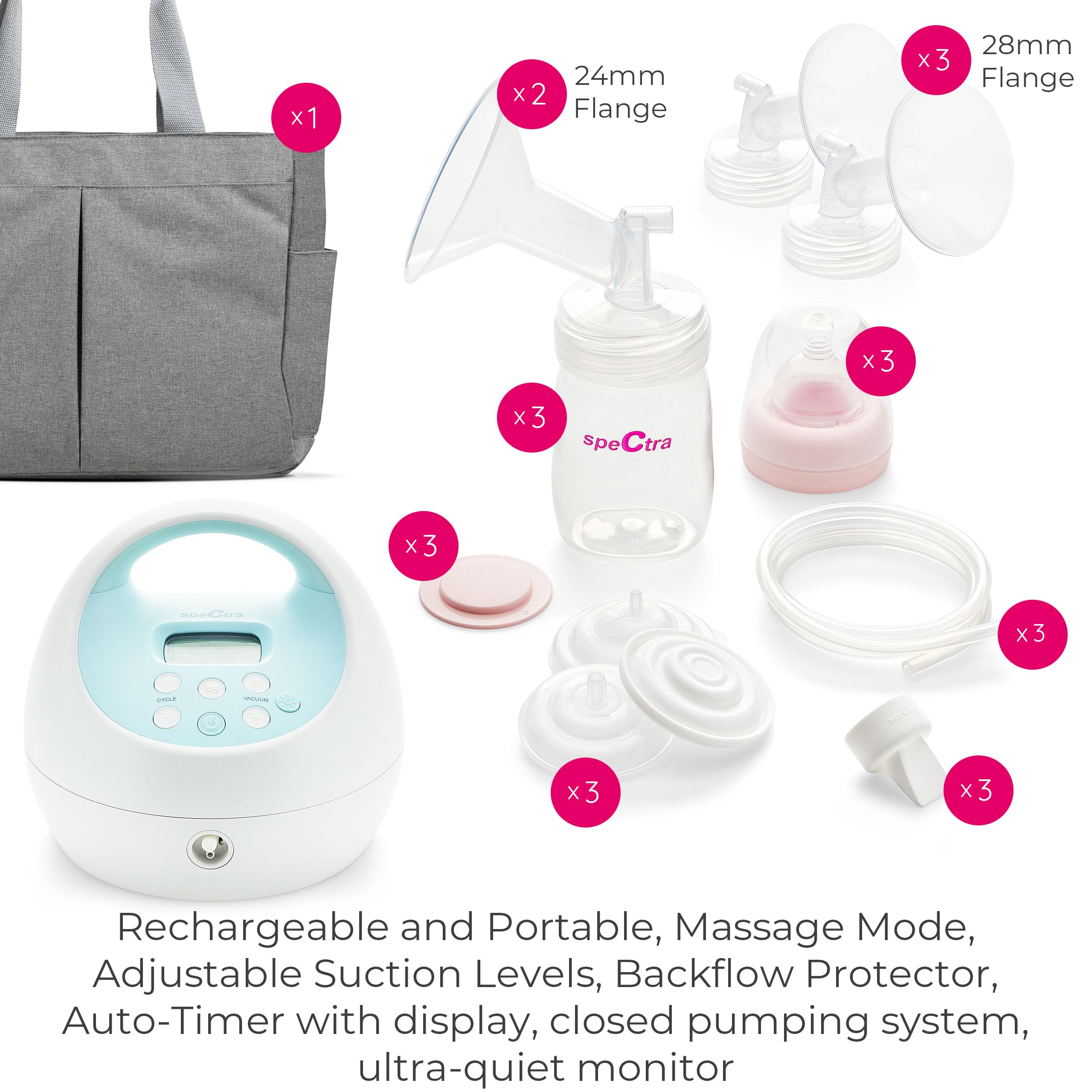 Spectra Baby S1 Plus Premier Rechargeable Breast Pump with Grey Tote Premium Accessory Kit - 28 mm