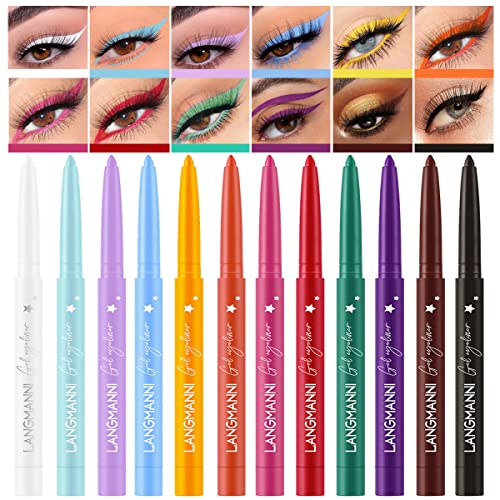 BestLand 12 Colors Matte Creamy Christmas Eyeliner Set Rainbow Red Black White Brown Colorful Neon Eyeliner Pencil Pigmented Smudgeproof Long Lasting Gel Eye Liner Makeup Gift Kit for Women (Set D)