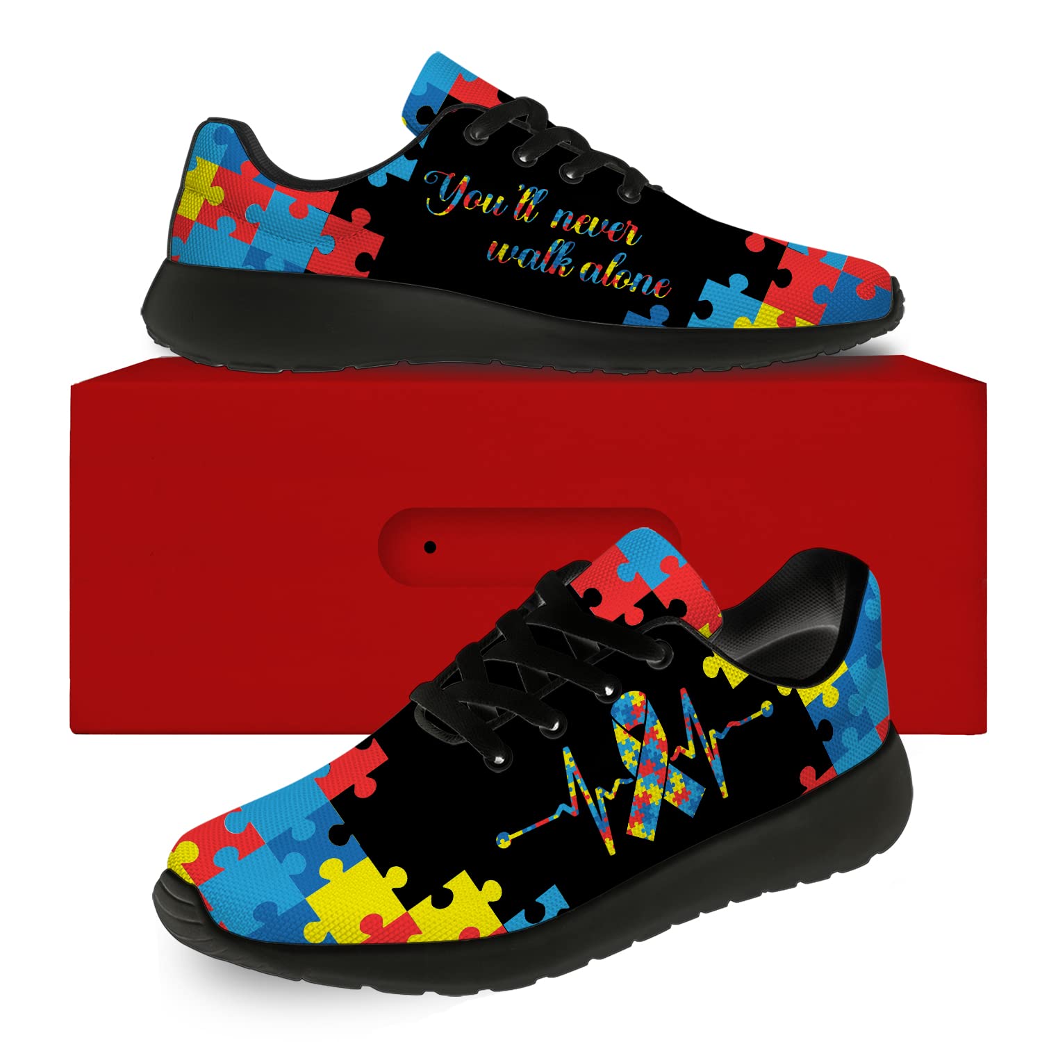 Uminder Autism Awareness Shoes for Boy Girl Running Shoes Walking Tennis Sneakers Autism Ribbon Gifts Autistic Puzzle Shoes Gifts for Women Men,Size 4 Men/6 Women Black