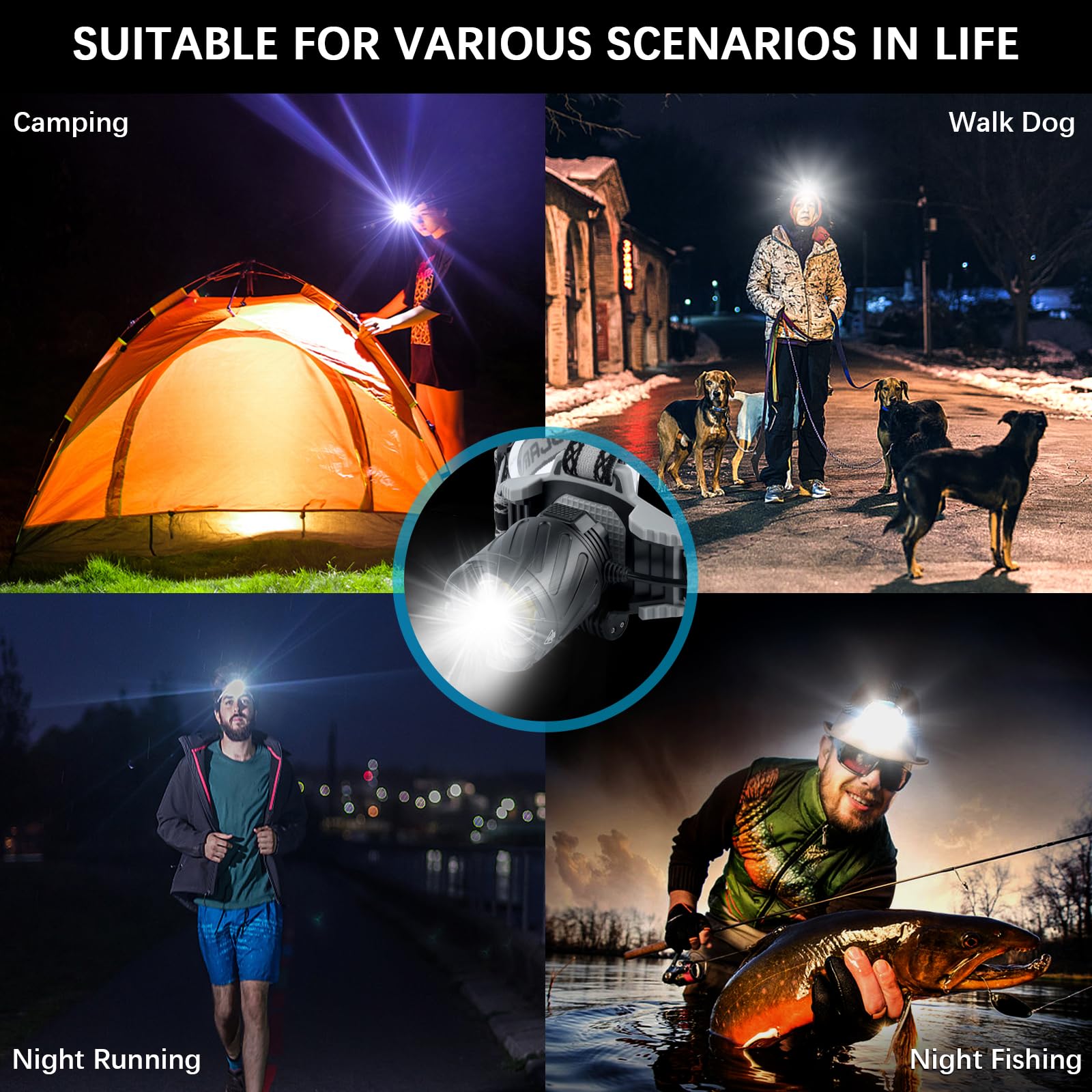 Headlamp Rechargeable for Adults to Wear, 500000 High Lumens Bright Head Lamp Outdoor LED with Zoomable 4 Modes, Power Display and Warn Light, for Waterproof Running, Hunting, Hiking and Camping