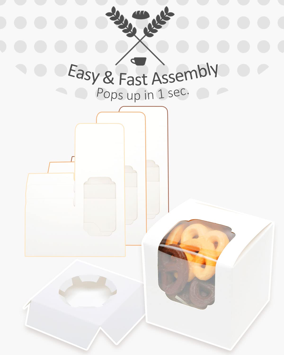 qiqee 60-Packs Cupcake Boxes Auto-pop up Individual Cupcake Container White 3.5" x 3.5" x 3.5" Single Cupcake Boxes