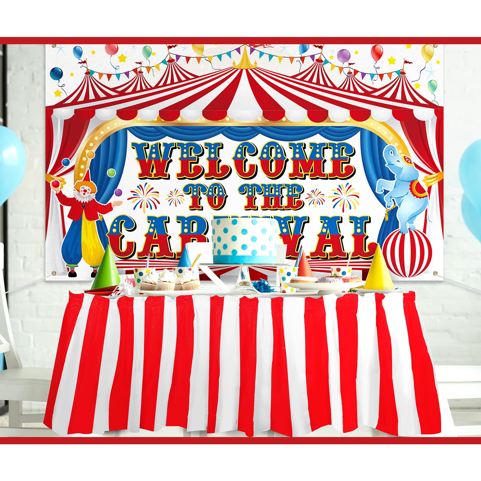 Carnival Circus Theme Party Decorations Welcome to The Carnival Backdrop Banner and Red White Striped Table Skirt Set for Carnival Theme Party Circus Christmas Halloween Birthday Party Decor