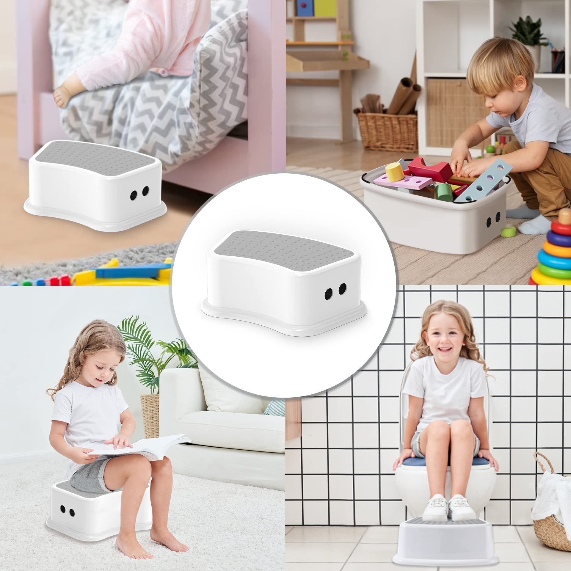 UNCLE WU 2 Pack Kids Step Stool - Toddler Step Up Stool for Kitchen - Bathroom Safety Bottom as Potty Training Stool - Slip-Resistant Surface1 Step Stool for Kids/Adult (Gray White)