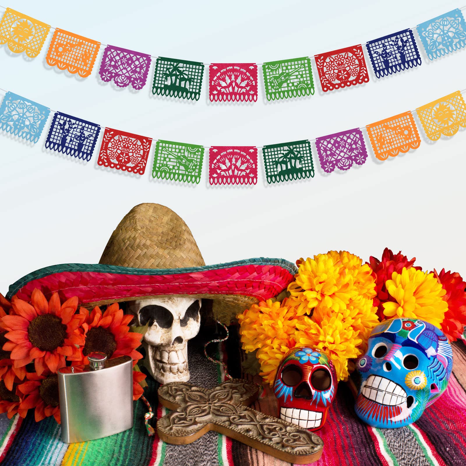 Sainyarh 4 Pieces Day of The Dead Banners Papel Picado Banner Mexican Fiesta Birthday Party Decorations, Felt Dia De Los Muertos Garland, Cinco de Mayo Hanging Flag, Halloween Kids Party Supplies