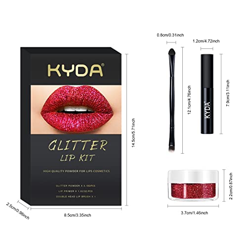 KYDA 3 Colors Glitter Lip Kit, Diamond Metllic High Pigmented Powder for Lips Cosmetics, Glitter Lips Makeup,with Lip Primer and Brush, Long Wear-Set A