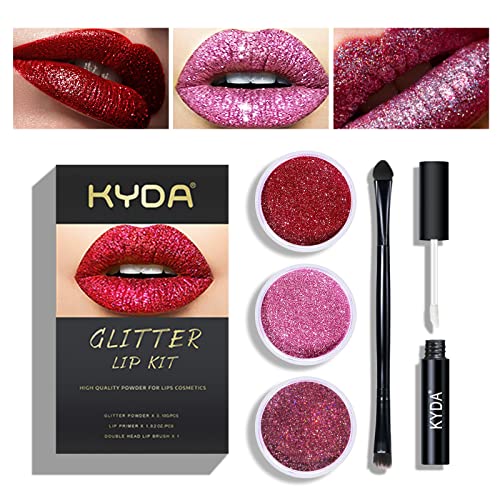 KYDA 3 Colors Glitter Lip Kit, Diamond Metllic High Pigmented Powder for Lips Cosmetics, Glitter Lips Makeup,with Lip Primer and Brush, Long Wear-Set A