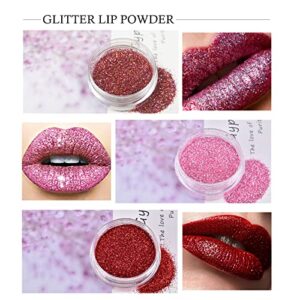 KYDA 3 Colors Glitter Lip Kit, Diamond Metllic High Pigmented Powder for Lips Cosmetics, Glitter Lips Makeup,with Lip Primer and Brush, Long Wear-Set A