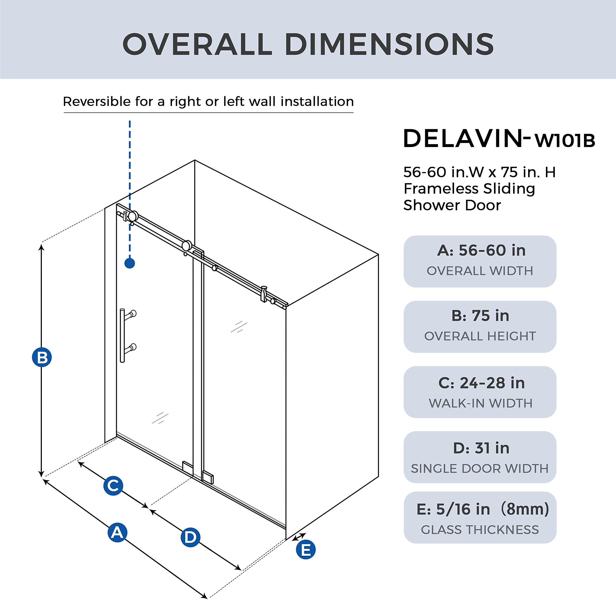 DELAVIN 56-60" W x 75" H Frameless Sliding Shower Door, Glass Door with 5/16" (8mm) Clear SGCC Tempered Glass, Explosion-Proof Film, Stainless Steel Hardware, Matte Black