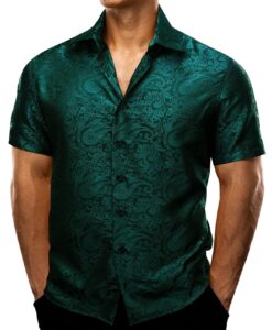 men's silk shirt paisley floral jacquard short sleeve button down dress shirts formal casual wedding party deep green