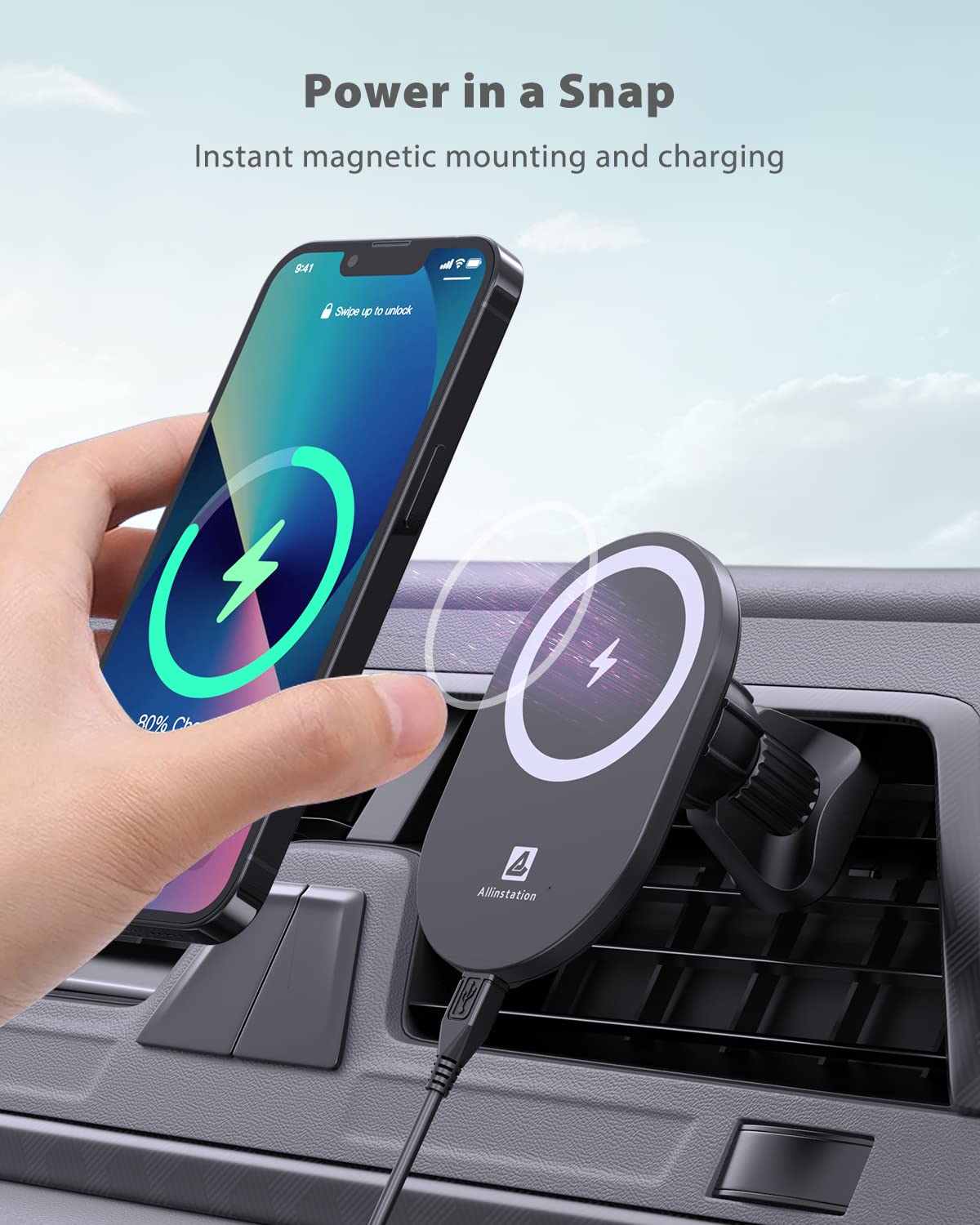 Magnetic Wireless Car Charger Mount, Compatible with Magsafe Car Charger Air Vent Phone Mount Magnetic Phone Car Mount with Powerful Magnetic Pull for iPhone 14 13 12 Pro Max Mini