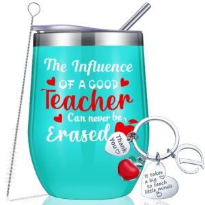 capoda 2 pcs teacher appreciation gift for women graduation teachers' day gift from students with thank you keychain 12 oz stainless steel wine tumbler coffee mug cup lid straw brush(letter d style)