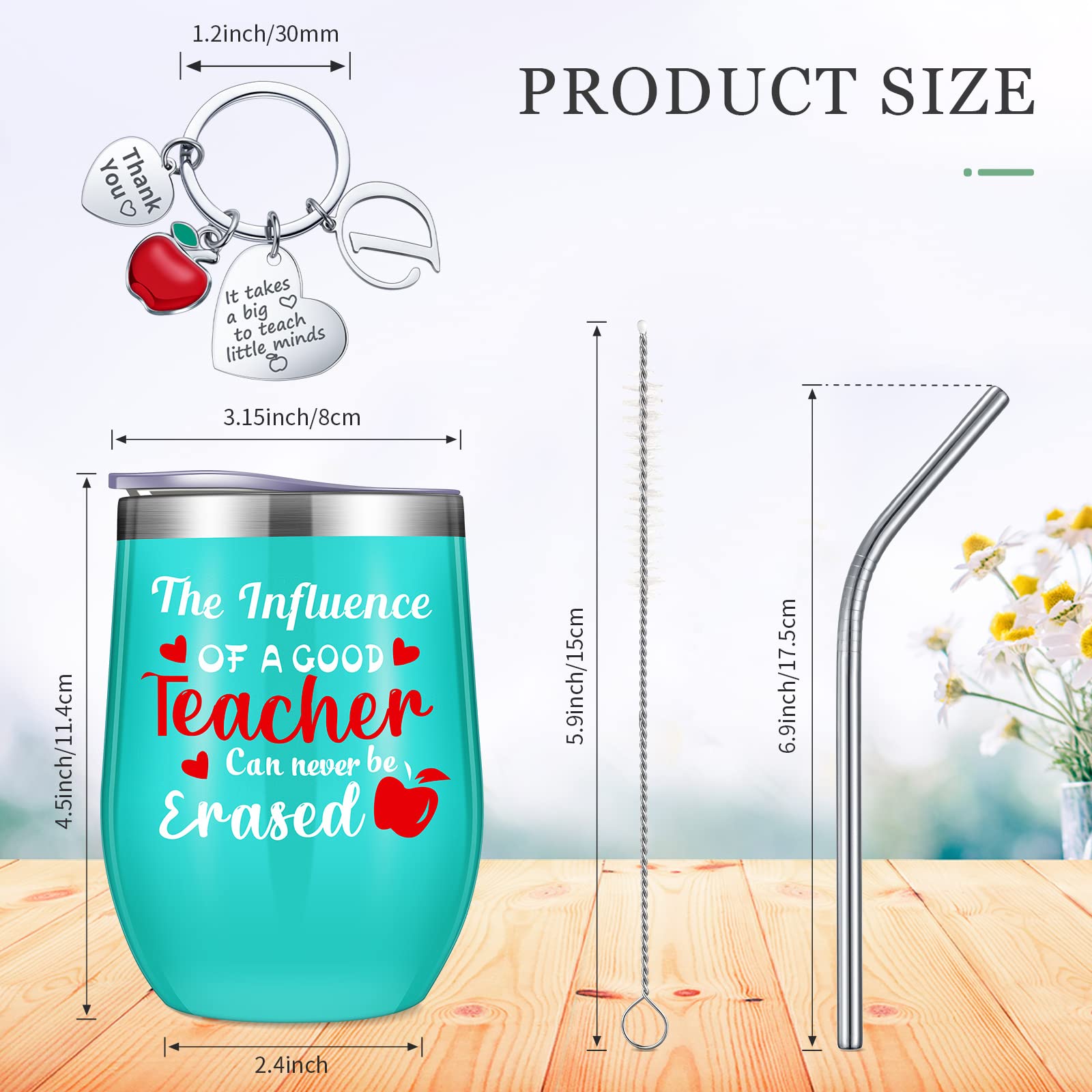 Capoda 2 Pcs Teacher Appreciation Gift for Women Graduation Teachers' Day Gift from Students with Thank You Keychain 12 oz Stainless Steel Wine Tumbler Coffee Mug Cup Lid Straw Brush(Letter D Style)