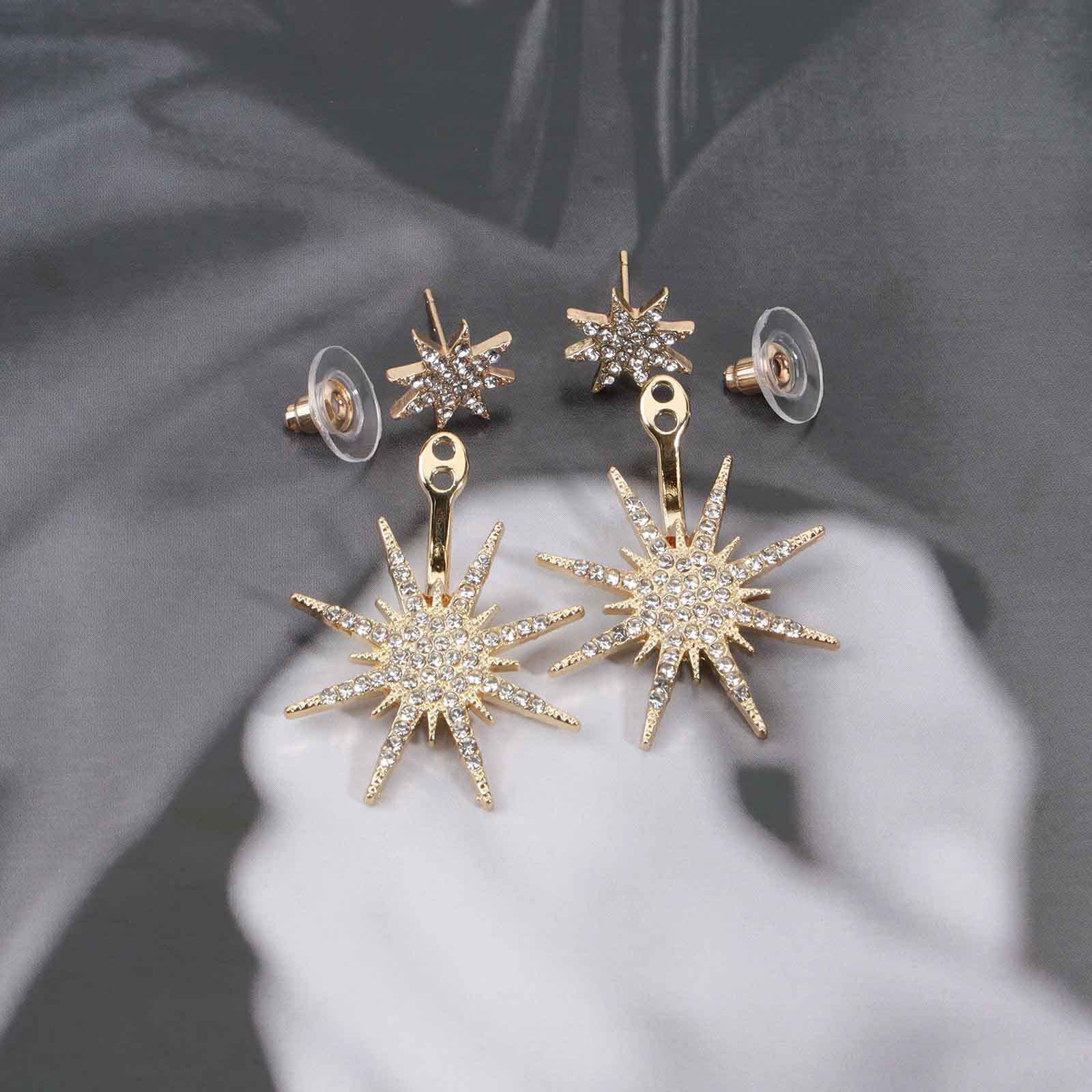 Yheakne Starburst Jacket Earrings Gold Rhinestone Sun Earrings Front Back Studs Earrings Boho Celestial Earrings Jewelry for Women and Girls Gifts (Gold)