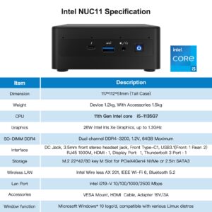 Intel NUC, Intel NUC 11 Panther Canyon NUC11PAHi5 Mini PC with Intel Core i5-1135G7 (16GB RAM+512GB NVMe SSD) Up to 4.2GHz Turbo,4core,28W, Intel Iris Xe Graphics,WiFi6,Thunderbolt 3-Win11 Pro