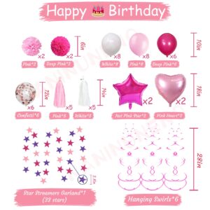 NANINUNENO Sweet Pink Birthday Decorations for Girls Teens Women, Pink and White Happy Birthday Balloons for Women，Birthday Party Decorations for Daughter Her Kids Including Pink Happy Birthday