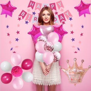 NANINUNENO Sweet Pink Birthday Decorations for Girls Teens Women, Pink and White Happy Birthday Balloons for Women，Birthday Party Decorations for Daughter Her Kids Including Pink Happy Birthday