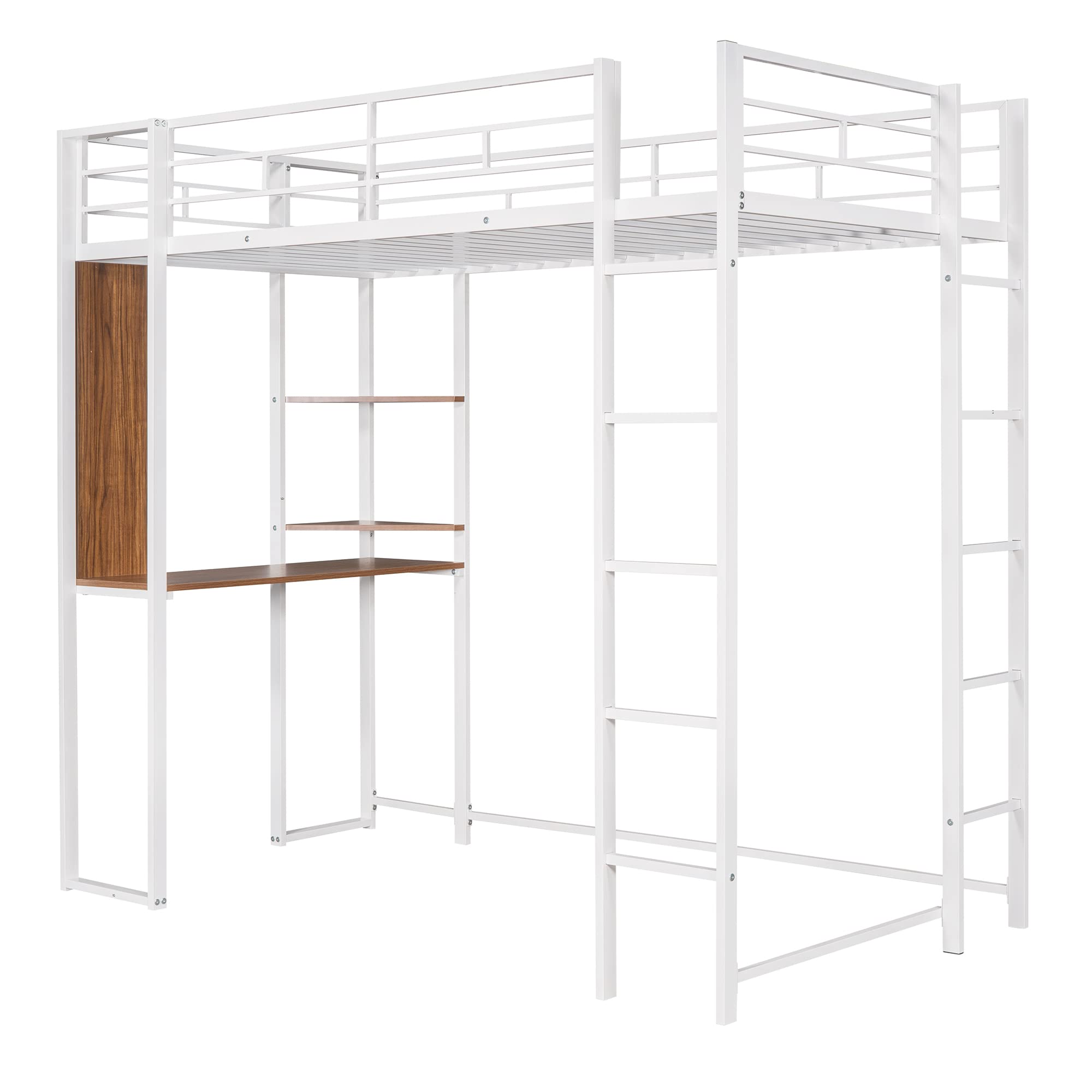 Merax Twin Size Metal Loft Bed with Built-in Desk, 2 MDF Shelves, Full-Length Guardrail and Ladder, Twin Size High Loft Bed, White