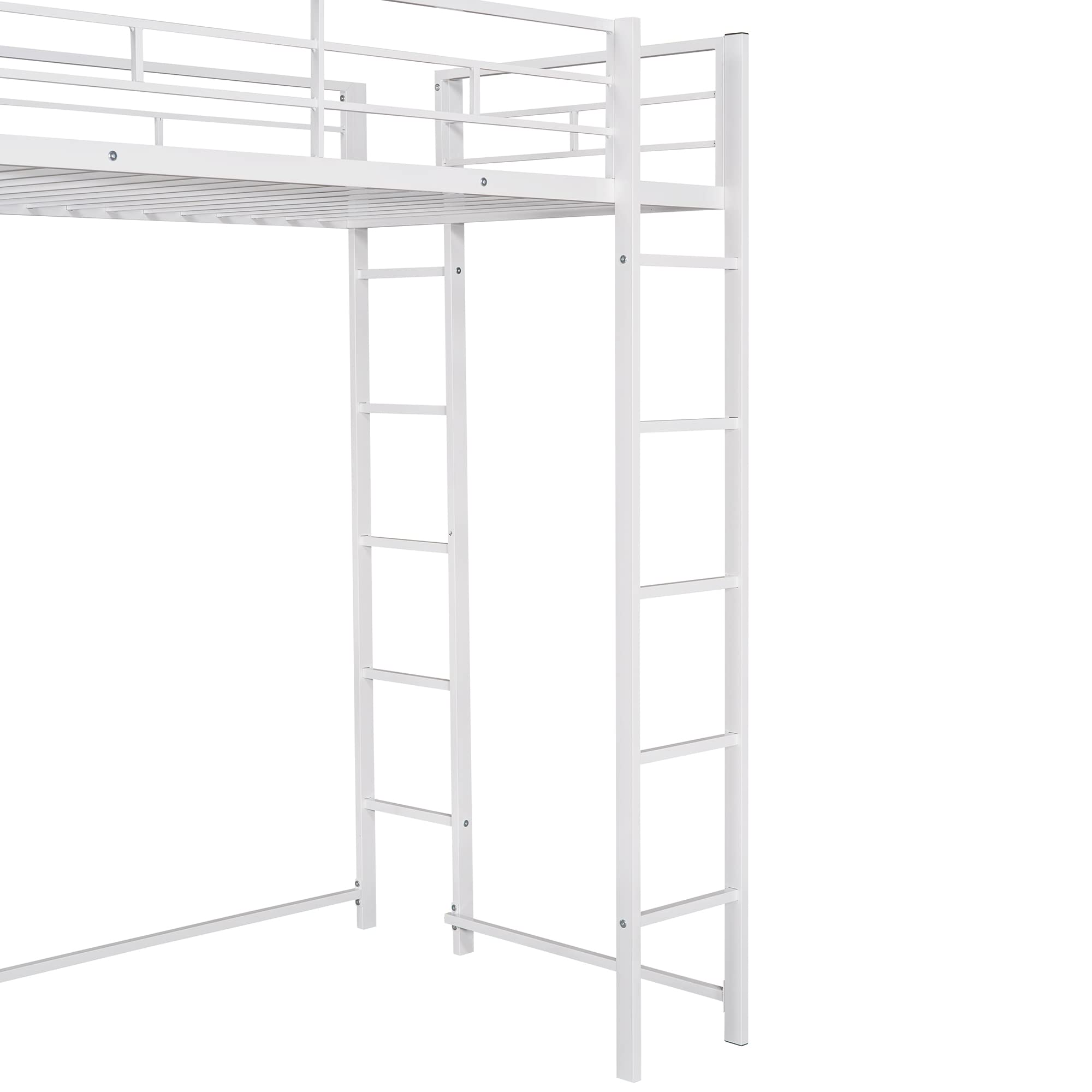 Merax Twin Size Metal Loft Bed with Built-in Desk, 2 MDF Shelves, Full-Length Guardrail and Ladder, Twin Size High Loft Bed, White