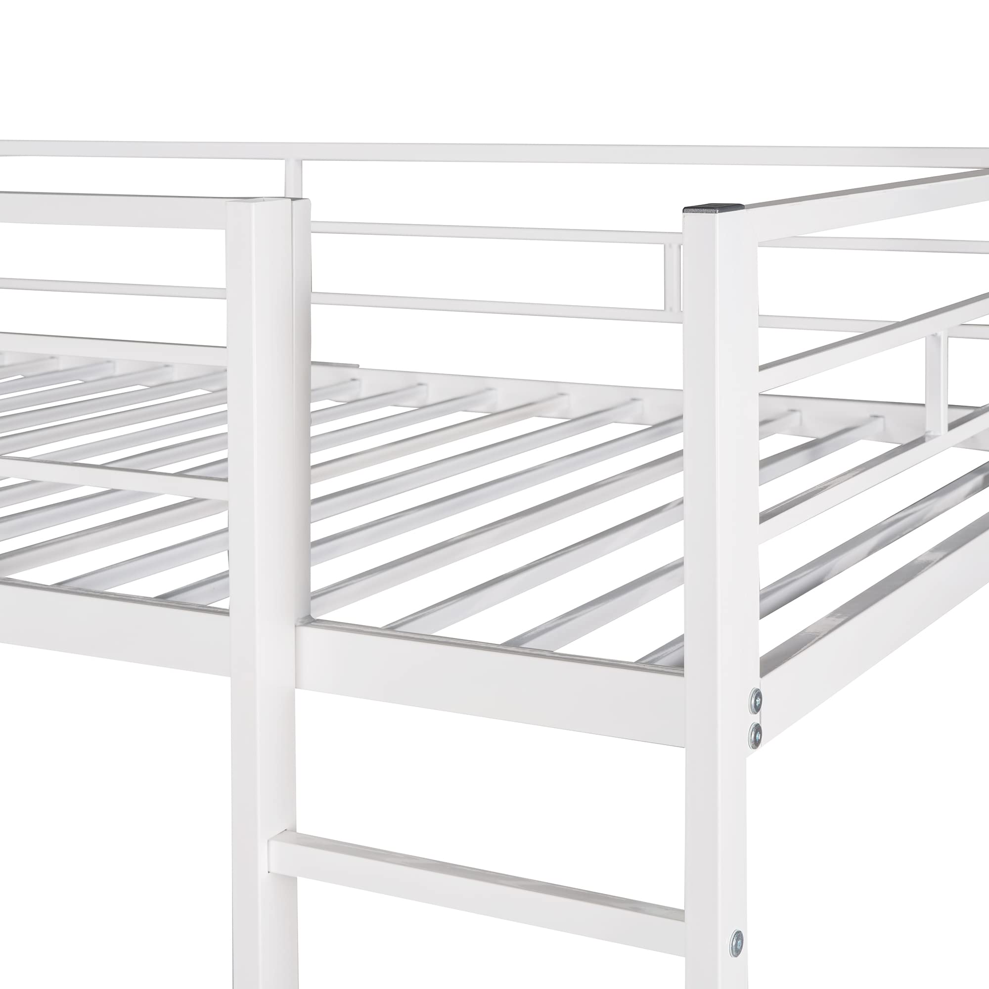 Merax Twin Size Metal Loft Bed with Built-in Desk, 2 MDF Shelves, Full-Length Guardrail and Ladder, Twin Size High Loft Bed, White