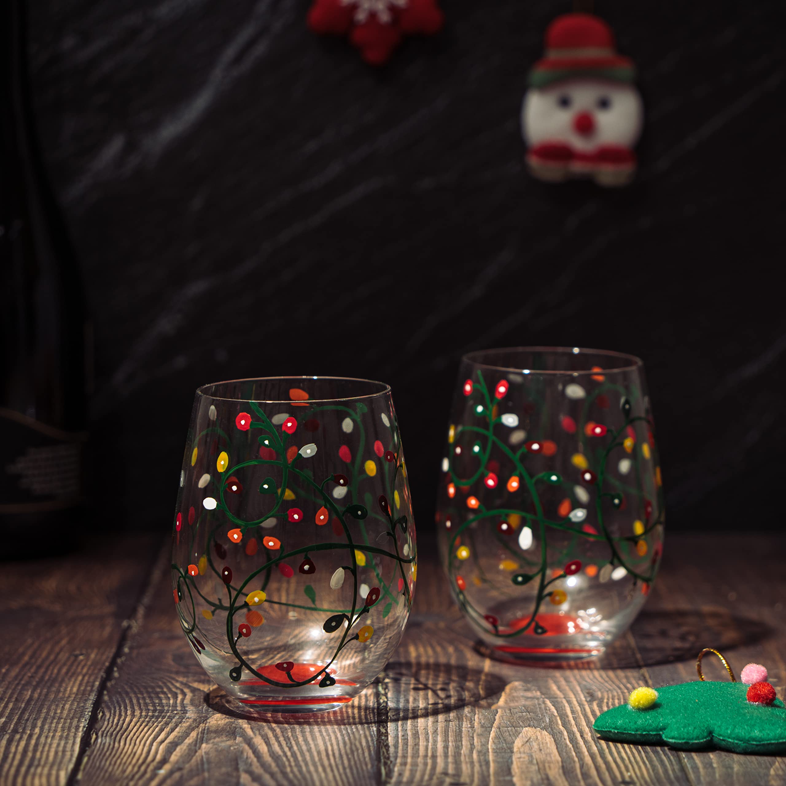 Themed Lights Stemless Wine & Water Glasses - Artisanal Hand Painted Ornament Light Bulbs Glasses - Xmas Tree - Set of 2, 17.5oz - Santa Festive Theme Stemless Glass