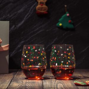 Themed Lights Stemless Wine & Water Glasses - Artisanal Hand Painted Ornament Light Bulbs Glasses - Xmas Tree - Set of 2, 17.5oz - Santa Festive Theme Stemless Glass