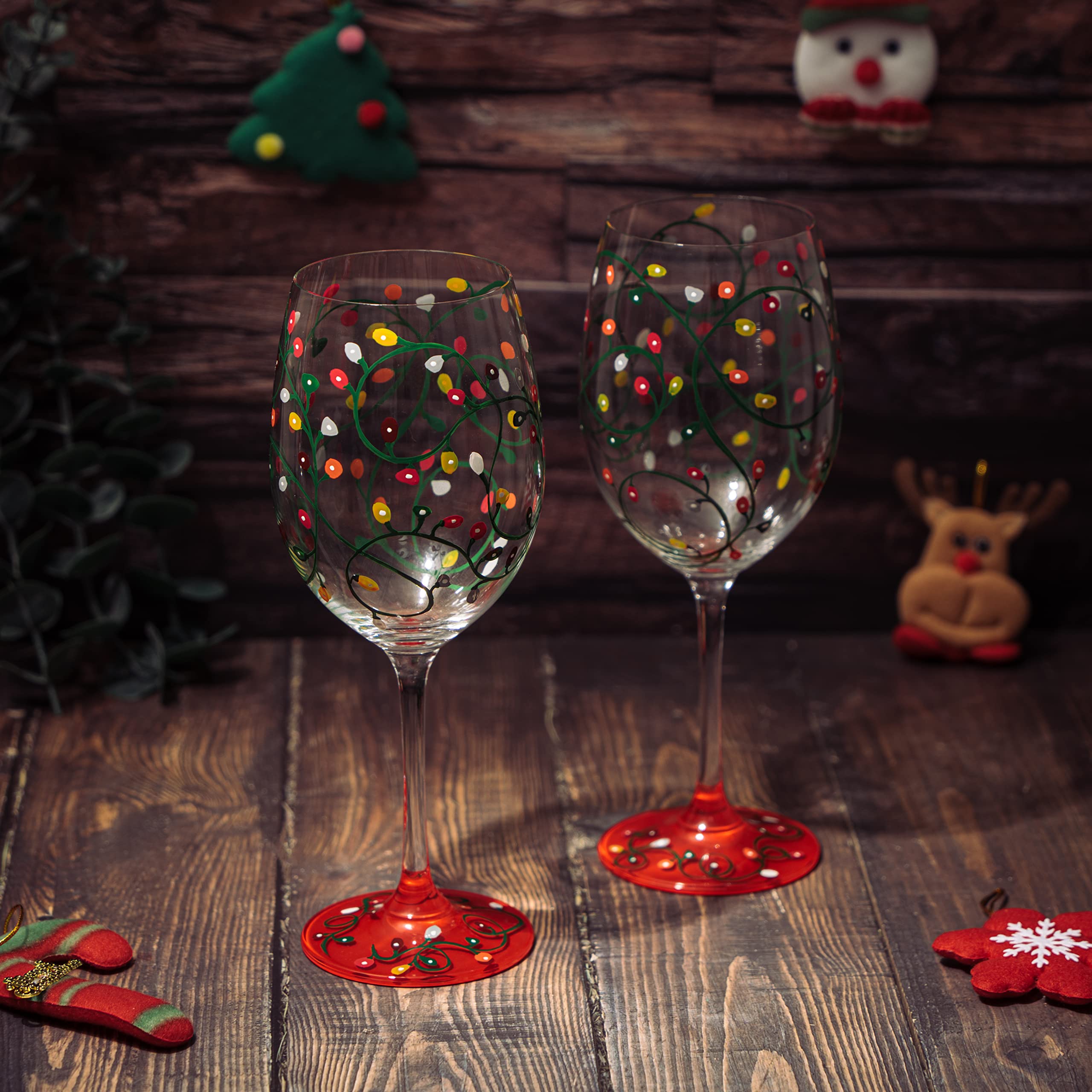 Birthday Holiday Themed Lights Stemmed Wine & Water Glasses - Artisanal Hand Painted Ornament Light Bulbs Glasses - Bday - Set of 2, 17.5oz - Festive Theme New Years Stemless Glass