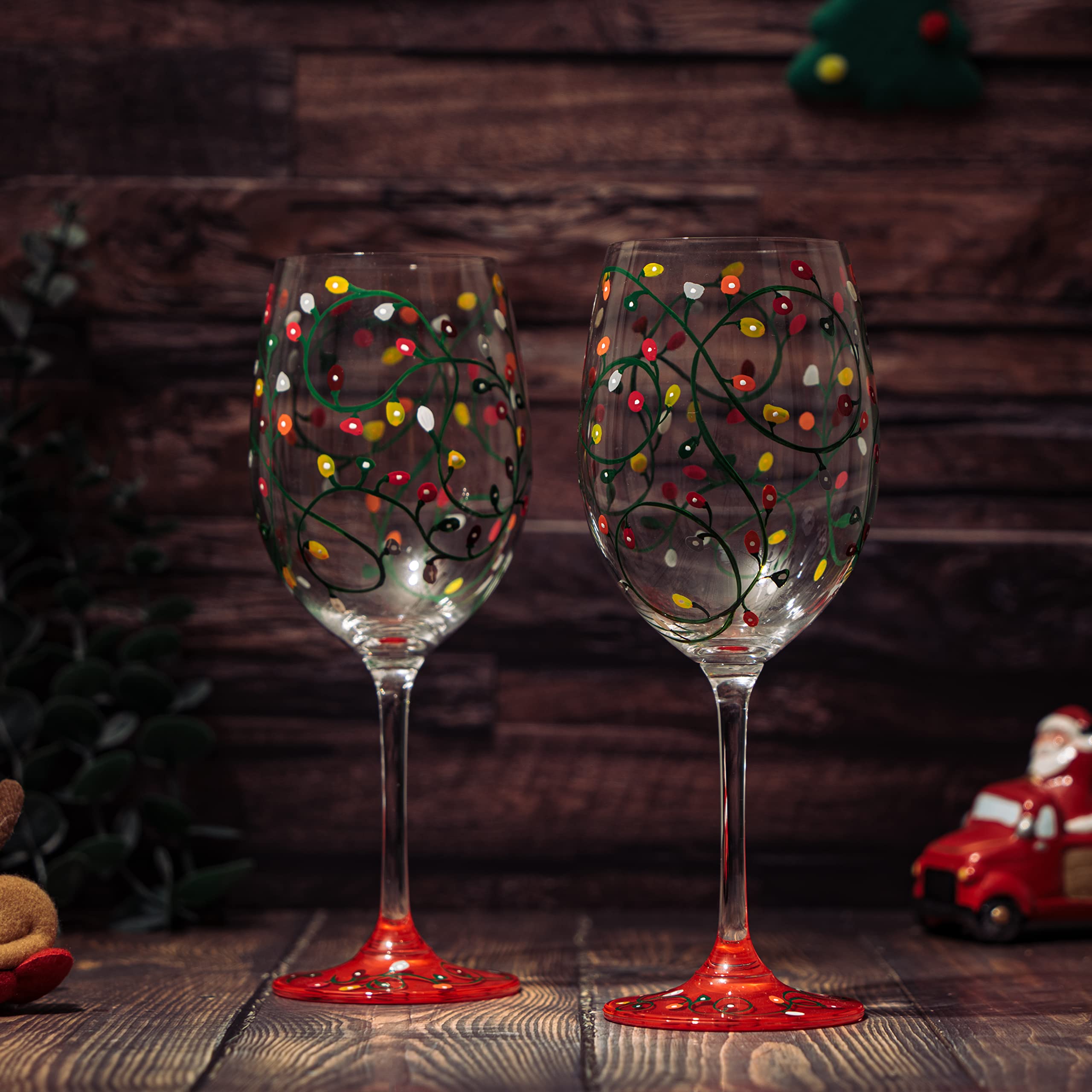 Birthday Holiday Themed Lights Stemmed Wine & Water Glasses - Artisanal Hand Painted Ornament Light Bulbs Glasses - Bday - Set of 2, 17.5oz - Festive Theme New Years Stemless Glass