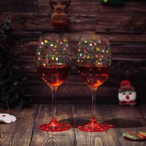 Birthday Holiday Themed Lights Stemmed Wine & Water Glasses - Artisanal Hand Painted Ornament Light Bulbs Glasses - Bday - Set of 2, 17.5oz - Festive Theme New Years Stemless Glass