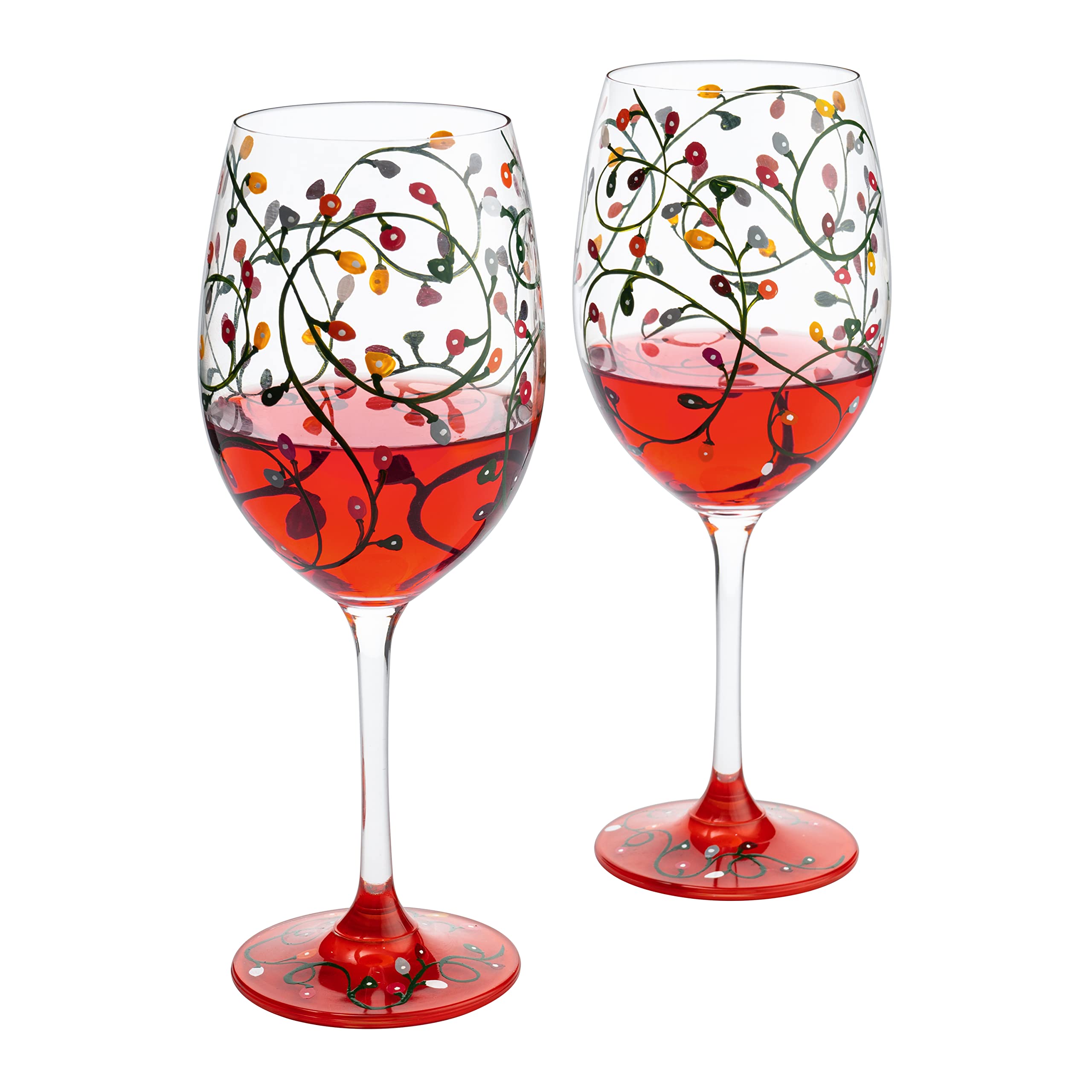 Birthday Holiday Themed Lights Stemmed Wine & Water Glasses - Artisanal Hand Painted Ornament Light Bulbs Glasses - Bday - Set of 2, 17.5oz - Festive Theme New Years Stemless Glass