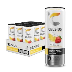 celsius sparkling strawberry lemonade, functional essential energy drink, 12 fl oz (pack of 12)