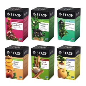 stash tea green tea variety pack sampler assortment - caffeinated, non-gmo project verified premium tea with no artificial ingredients, 20 count (pack of 6)