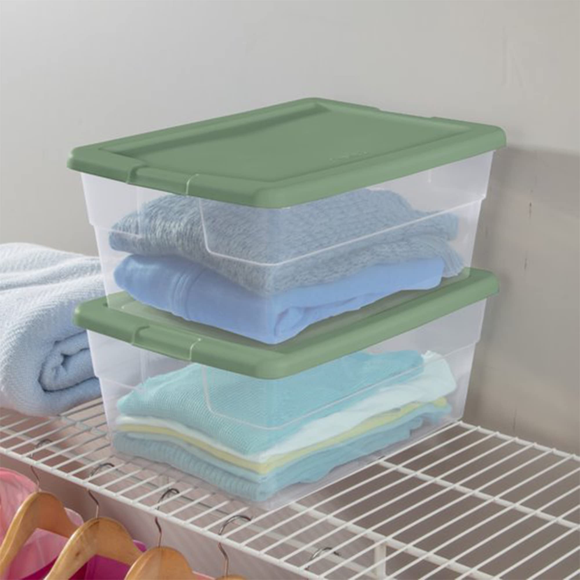 Sterilite Stackable 16 Quart Clear Home Storage Box with Handles and Purple Lid for Efficient, Space Saving Household Storage and Organization, 2 Pack