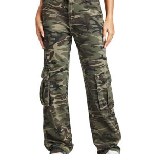 WDIRARA Women's Camo Print Cargo Baggy Jeans High Waist Wide Leg Denim Army Pants Army Green Camouflage L