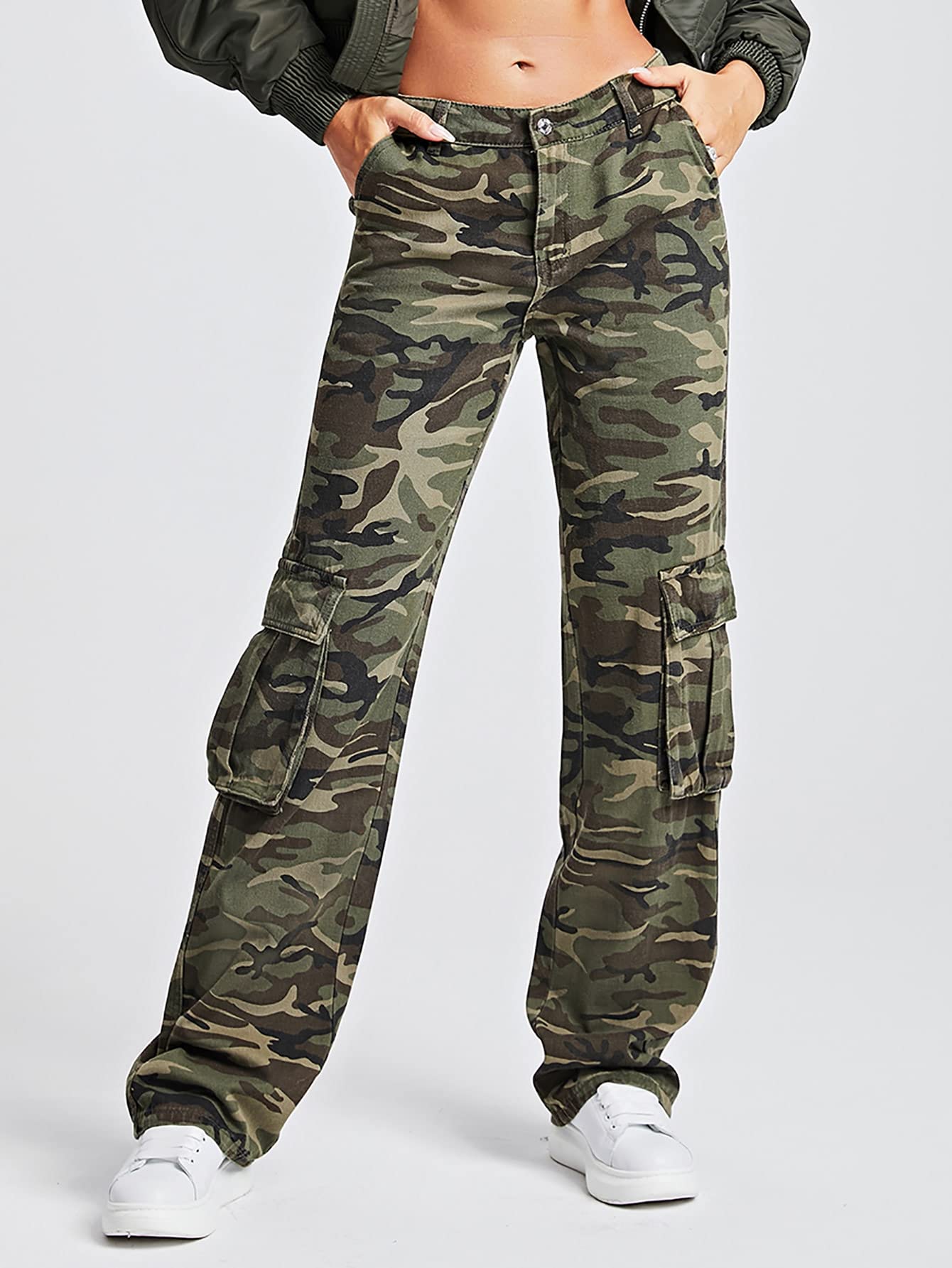 WDIRARA Women's Camo Print Cargo Baggy Jeans High Waist Wide Leg Denim Army Pants Army Green Camouflage L
