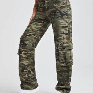 WDIRARA Women's Camo Print Cargo Baggy Jeans High Waist Wide Leg Denim Army Pants Army Green Camouflage L