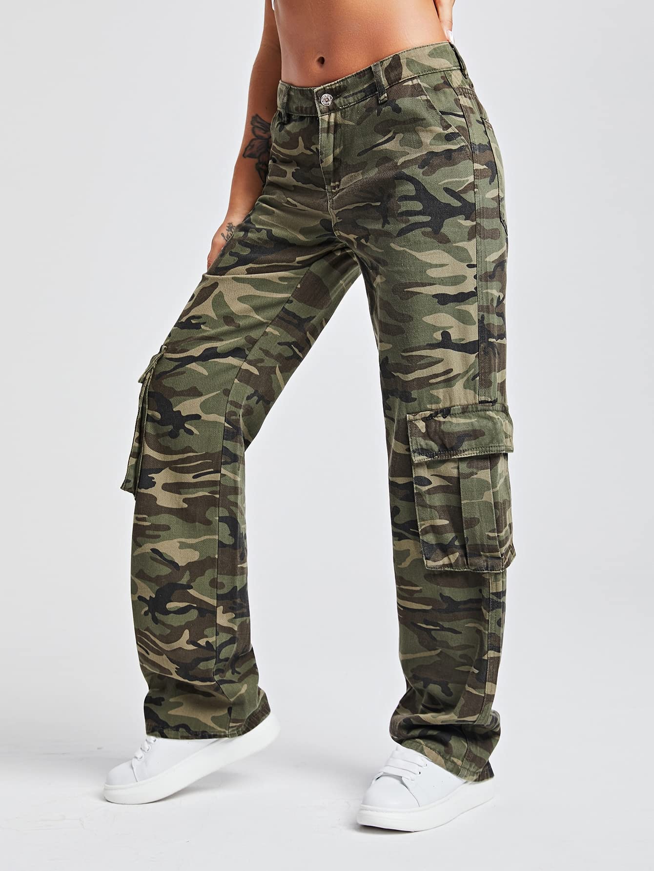 WDIRARA Women's Camo Print Cargo Baggy Jeans High Waist Wide Leg Denim Army Pants Army Green Camouflage L