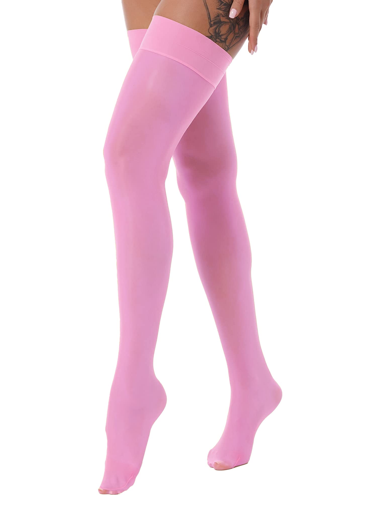 MSemis Woman's Silk Nylon Thigh High Stocking Pantyhose Socks Stay Up Ultra Thin Over The Knee Long Socks Pink One Size