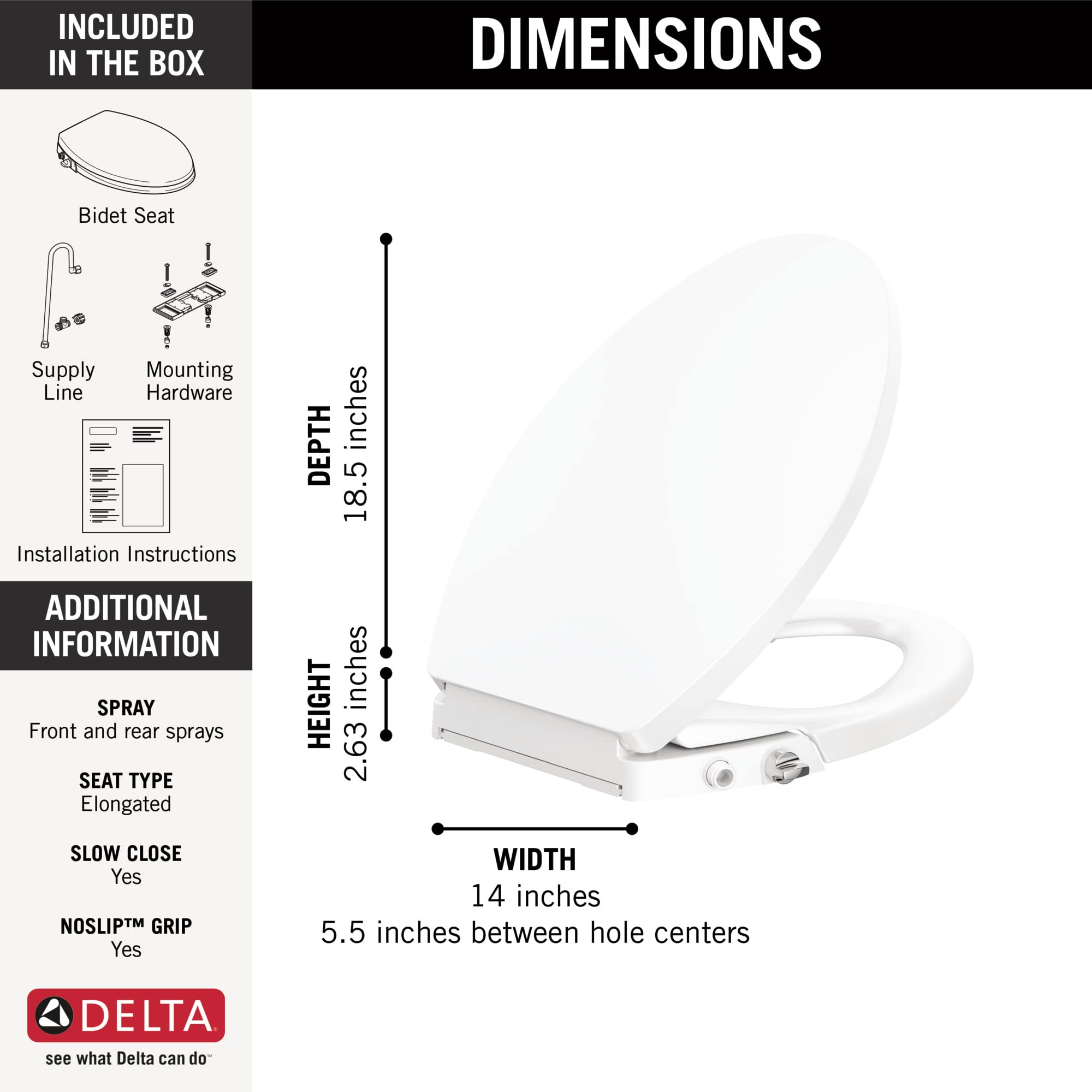 DELTA FAUCET -faucet Refresh Elongated Bidet Toilet Seat, Bidet Attachment for Toilet, Bidet Sprayer, Toilet Water Spray, White 833004-WH