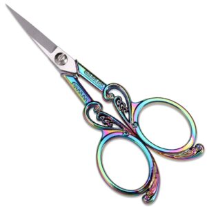 YOUGUOM Detail Embroidery Scissors – Small Sharp Pointed Tip Shears for Sewing, Craft, Artwork, Needlework Yarn, Thread Snips, Handicraft DIY Tool, 4.5in Rainbow Vintage Style