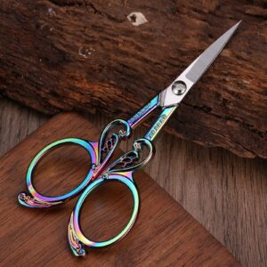 YOUGUOM Detail Embroidery Scissors – Small Sharp Pointed Tip Shears for Sewing, Craft, Artwork, Needlework Yarn, Thread Snips, Handicraft DIY Tool, 4.5in Rainbow Vintage Style