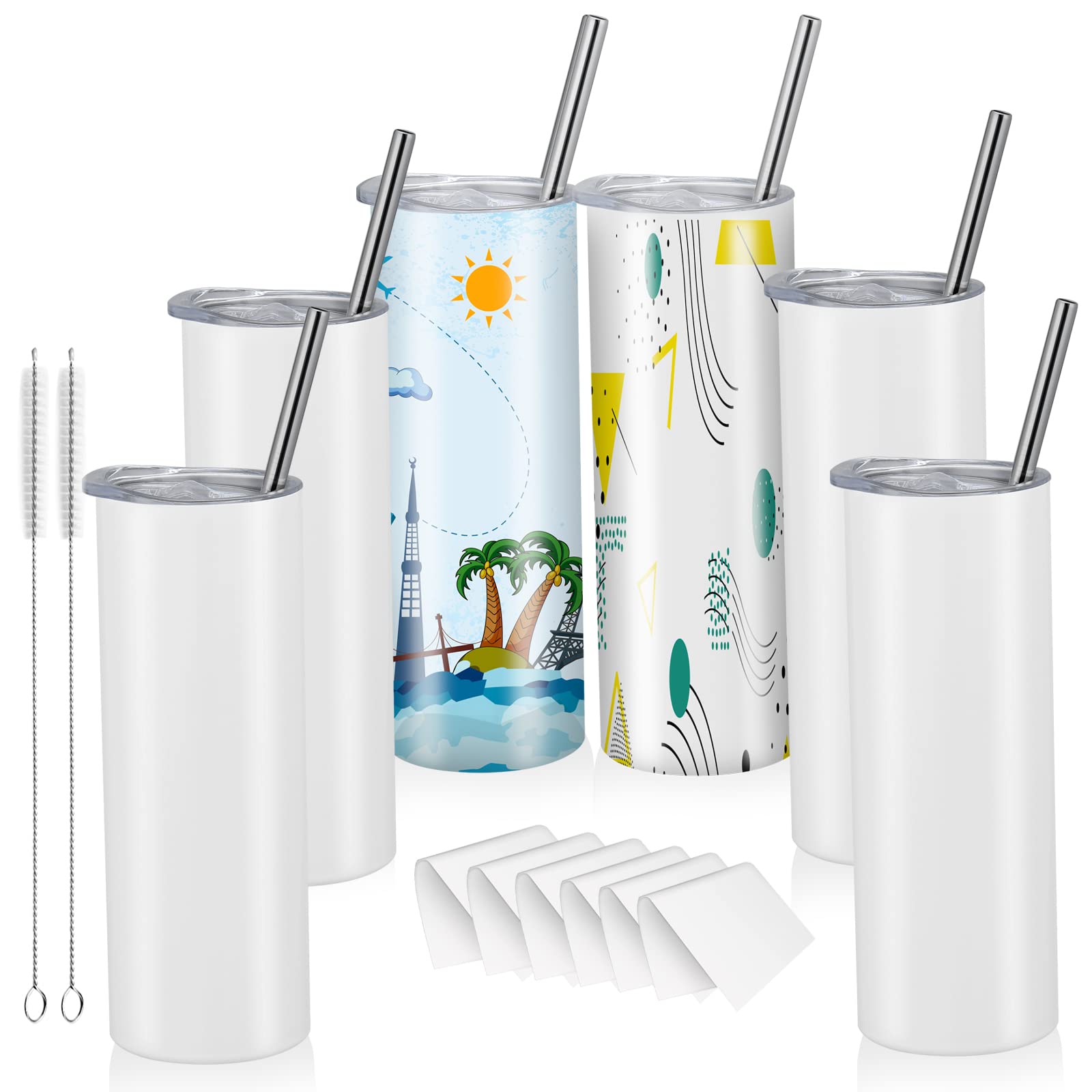 6 Pack Sublimation Tumbler - 20 oz Tumbler with Lid and Straw Insulated Tumbler Skinny Double Wall Tumbler Cups Travel Coffee Mug Stainless Steel Vacuum Mug with Metal Straw,Leak-Proof Lid,Shrink Wrap