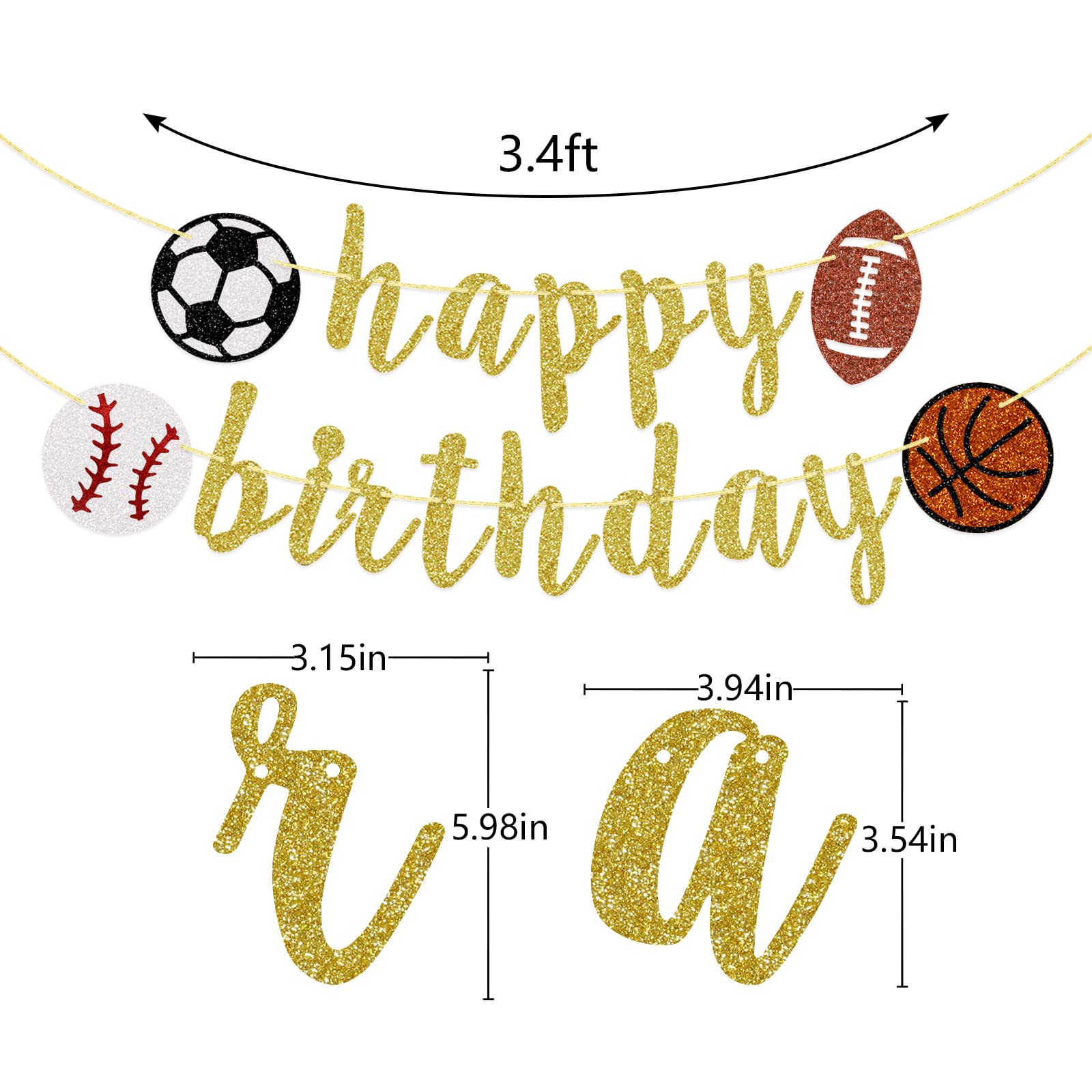 Sports Happy Birthday Banner, Glitter Sports Birthday Banner, Football, Baseball, Soccer, Basketball, Multi Sports Theme Birthday Decor (Gold)