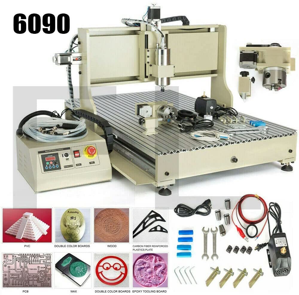 GDAE10 USB 4 Axis CNC 6090 Router Kit MACH3 Control + 2.2kw VFD Water-Cooling Spindle Motor Plastic Acrylic PCB PVC Wood Carving Drilling 3D Milling Engraving Machine with Controller,Handwheel