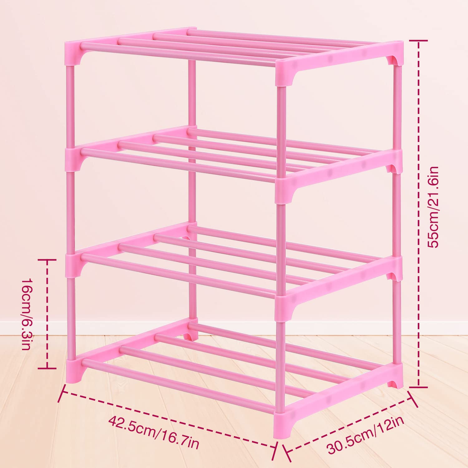 HITHIM 4-Tier Free Standing Shoe Racks for 6-8 Pairs Shoe Storage,Kids Shoe Racks for Small Place,Lightweight Stackable Shoe Shelf Organizer for Entryway, Doorway and Closet,Pink